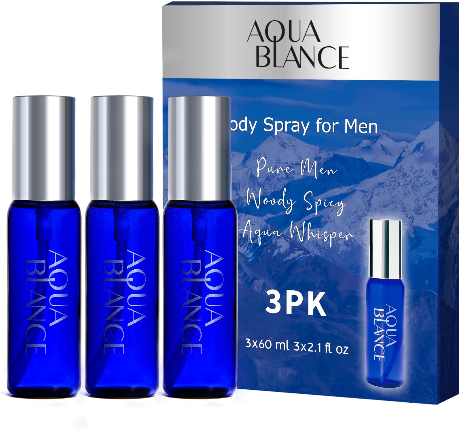 AQUA BLANCE Body Spray For Men, 2.1 Fl Oz/60 ML, Travel Size 3-Pack Set