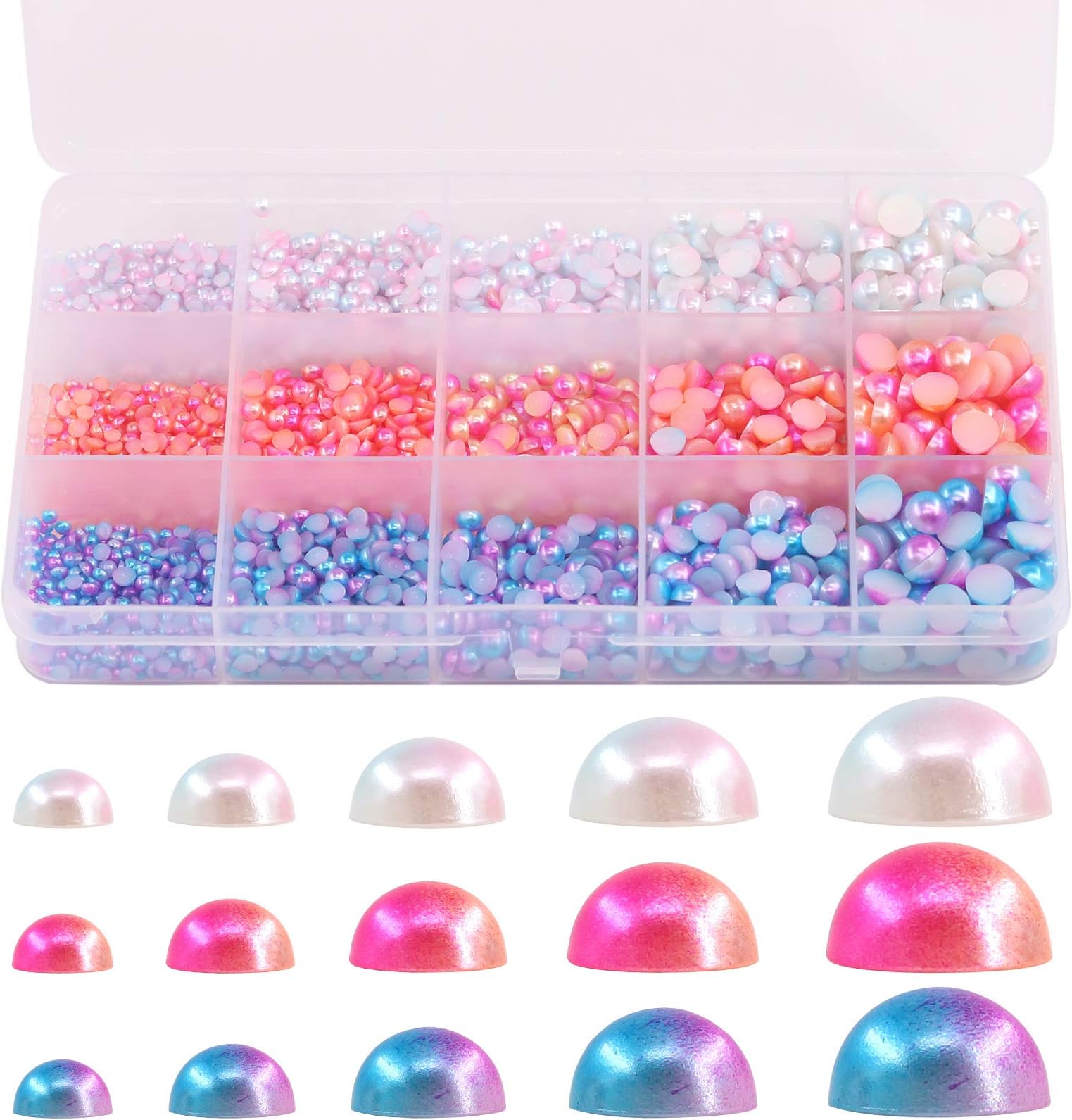Glarks 2850Pcs Mixed 3mm 4mm 5mm 6mm 8mm Rainbow Color Beads Flat Back Half Round Pearl Bead Cabochon Pearl Flatback Pearl Bead Set