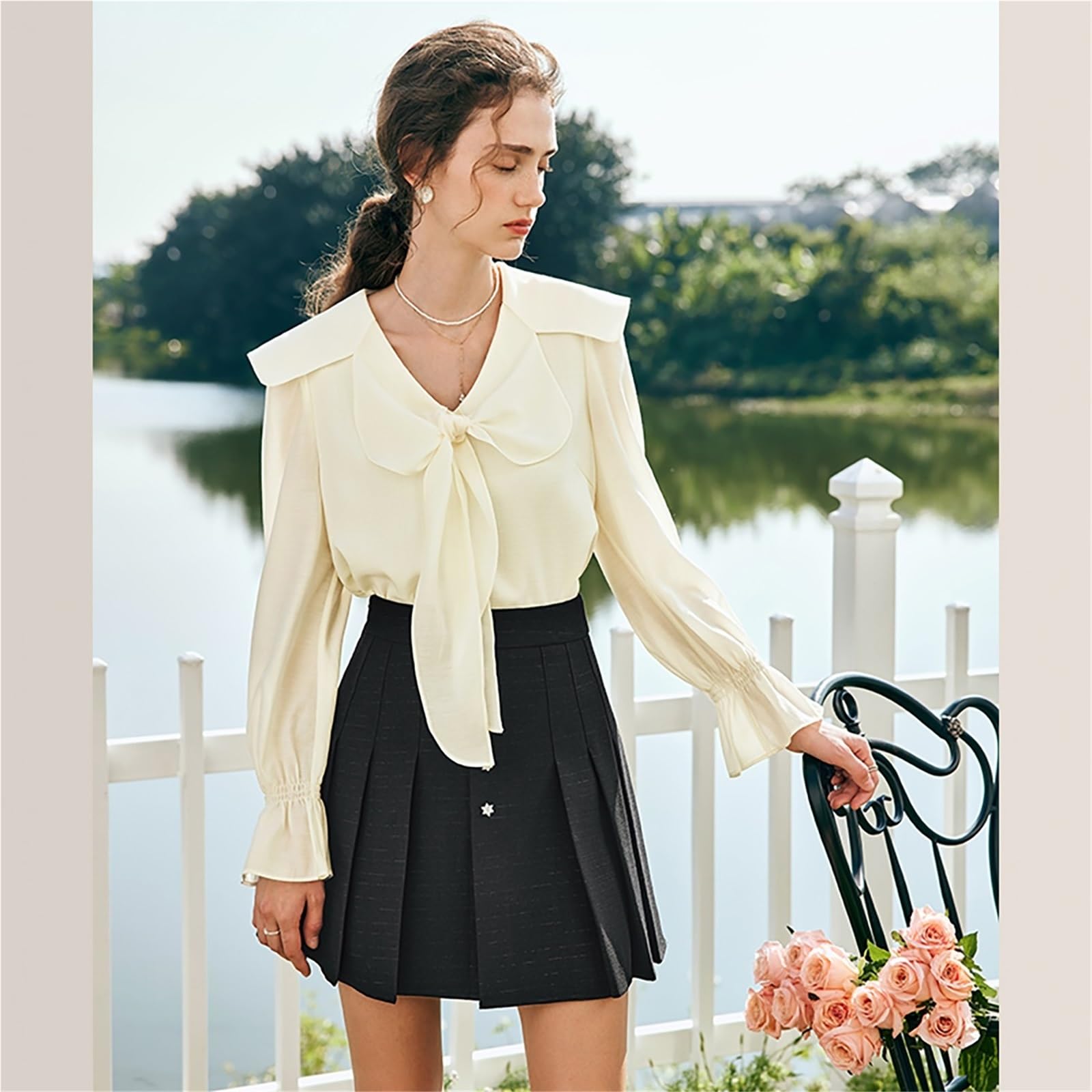 Blusa de Gasa Encaje for Mujer, Camisa Elegante Color Liso con Pajarita, Tops Femeninos Manga Larga Cuello en V para Atuendo Casual Diario