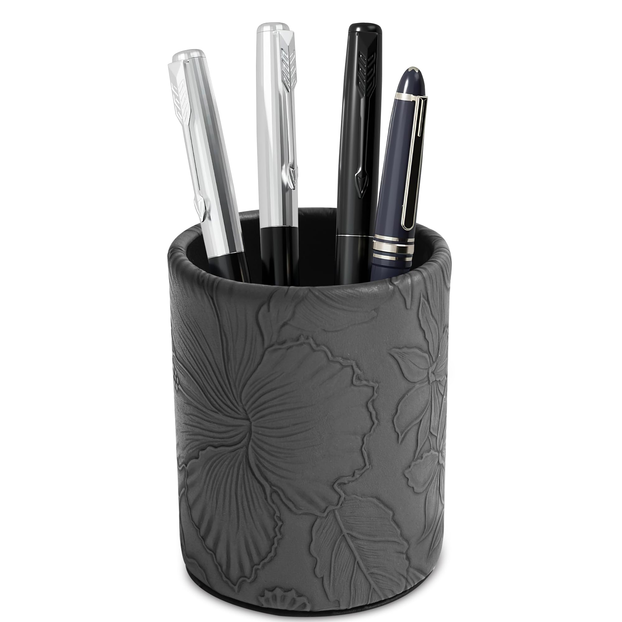 Czzmy PU Leather Pen Holder Round Flash Makeup Brush Holder Desktop Pencil Storage Holder Gift for Desk Office Classroom Home(1-Carved Black) — image 1