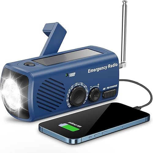 Emergency Hand Crank Radio AMFM with LED Flashlight, Portable Weather Radio with Solar Charging Manual Crank and Battery Operation, Mergency Phone