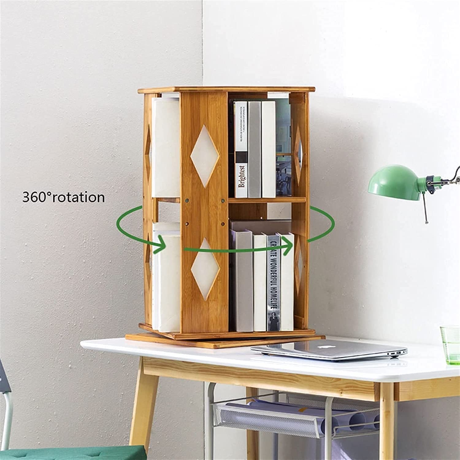 SYALEO Estantería de Escritorio de 2 Niveles, estantería giratoria de 360 ​​Grados, Organizador de Almacenamiento de Libros de bambú, estantes para Dormitorio, Sala de Estar