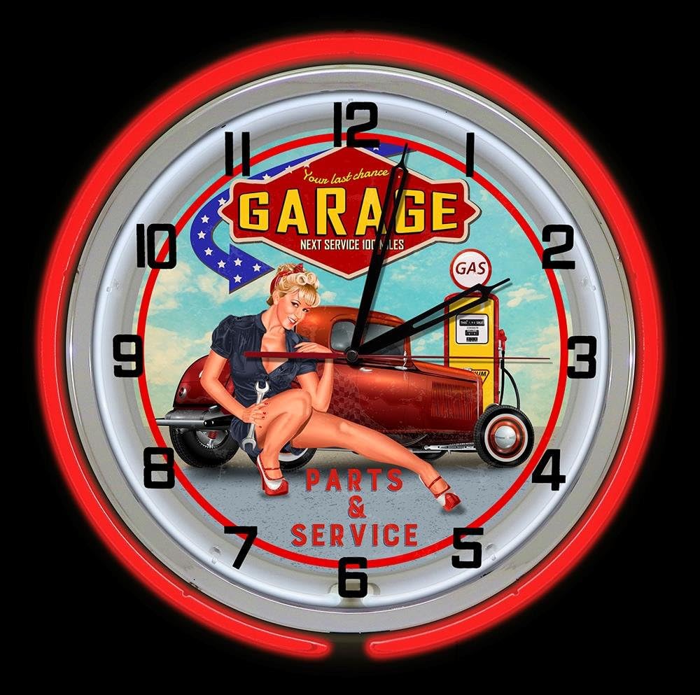 Mechanic Hot Rod Garage 18" Red Double Neon Garage Clock, Last Stop Garage Clock