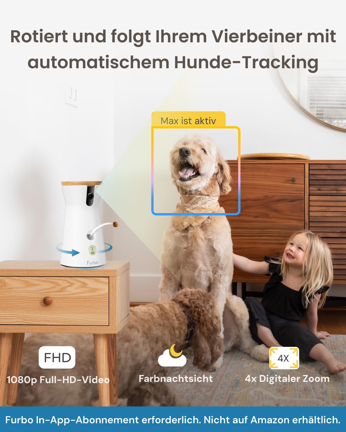 Furbo 360° Hundekamera [ABO ABSCHLUSS ERFORDERLICH] – Smarte Haustierkamera mit Leckerliwurf, 1080p Full HD, 2-Wege-Audio & Farbnachtsicht (3 Monate Mindeslaufzeit)
