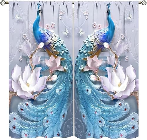 Cortinas de pavo real, flores blancas, hermosas y elegantes, estilo de pintura al óleo de pavo real azul, tela de poliéster, tratamientos de ventana