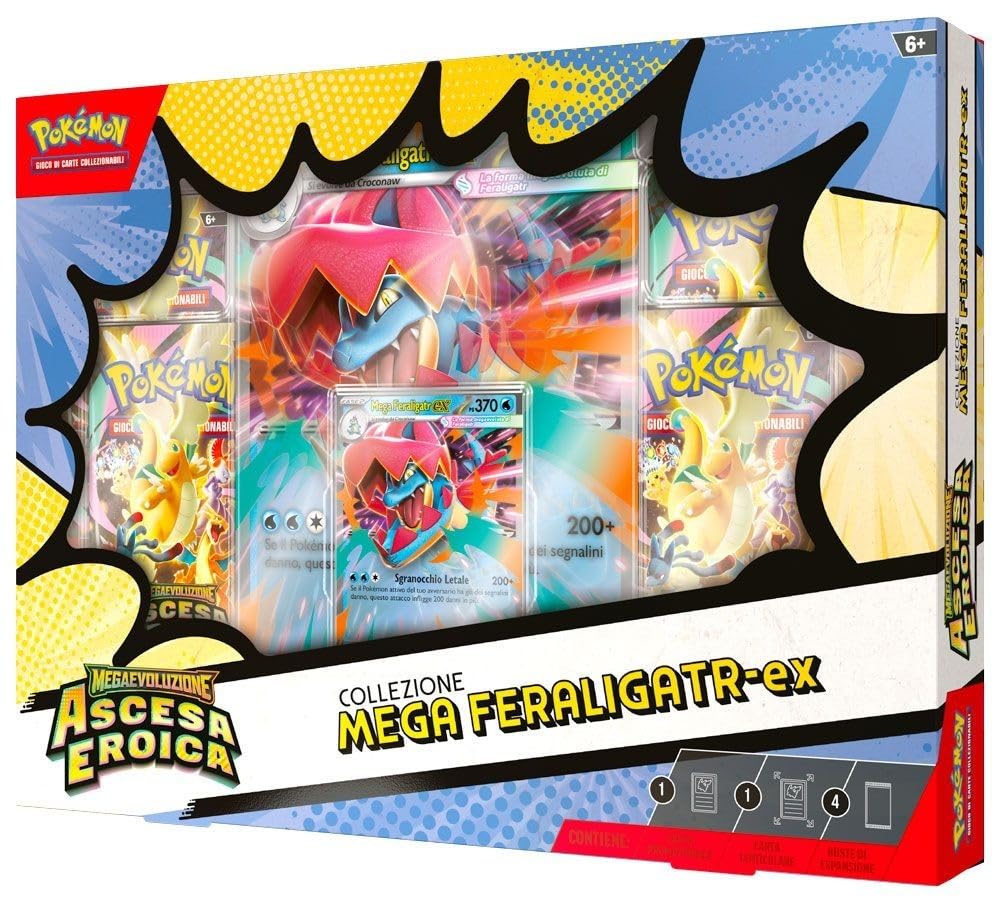 Pokémon Ascesa Eroica Collezione Mega EX Trio ITA – Mega Emboar ex, Mega Feraligatr ex, Mega Meganium ex – Set Carte Pokémon GCC Italiano più 100 Sleeves Perfect By Baruzcard
