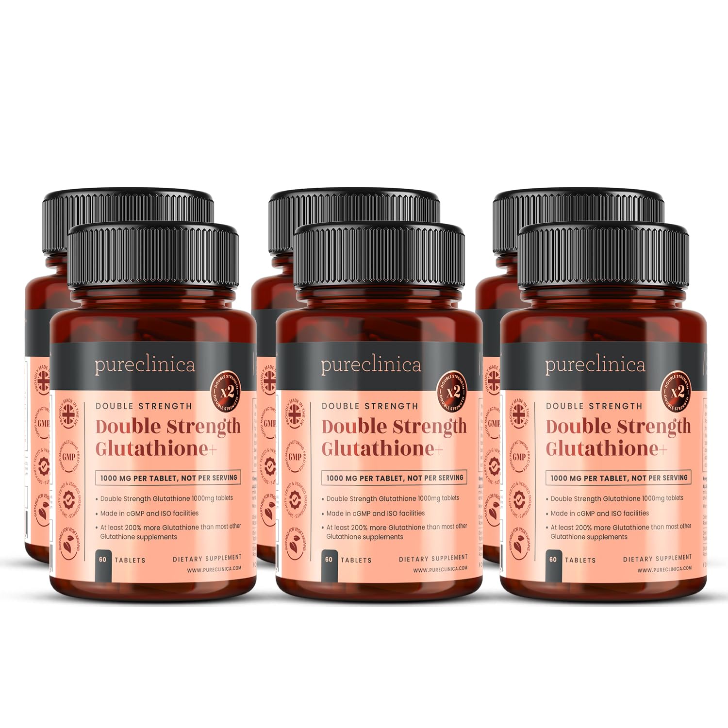 Double Strength Glutathione 1000mg x 360 Tablets (6 Bottles of 60). W/ 500mg Glutathione, 300mg ALA, and 200mg Vitamin C per Tablet