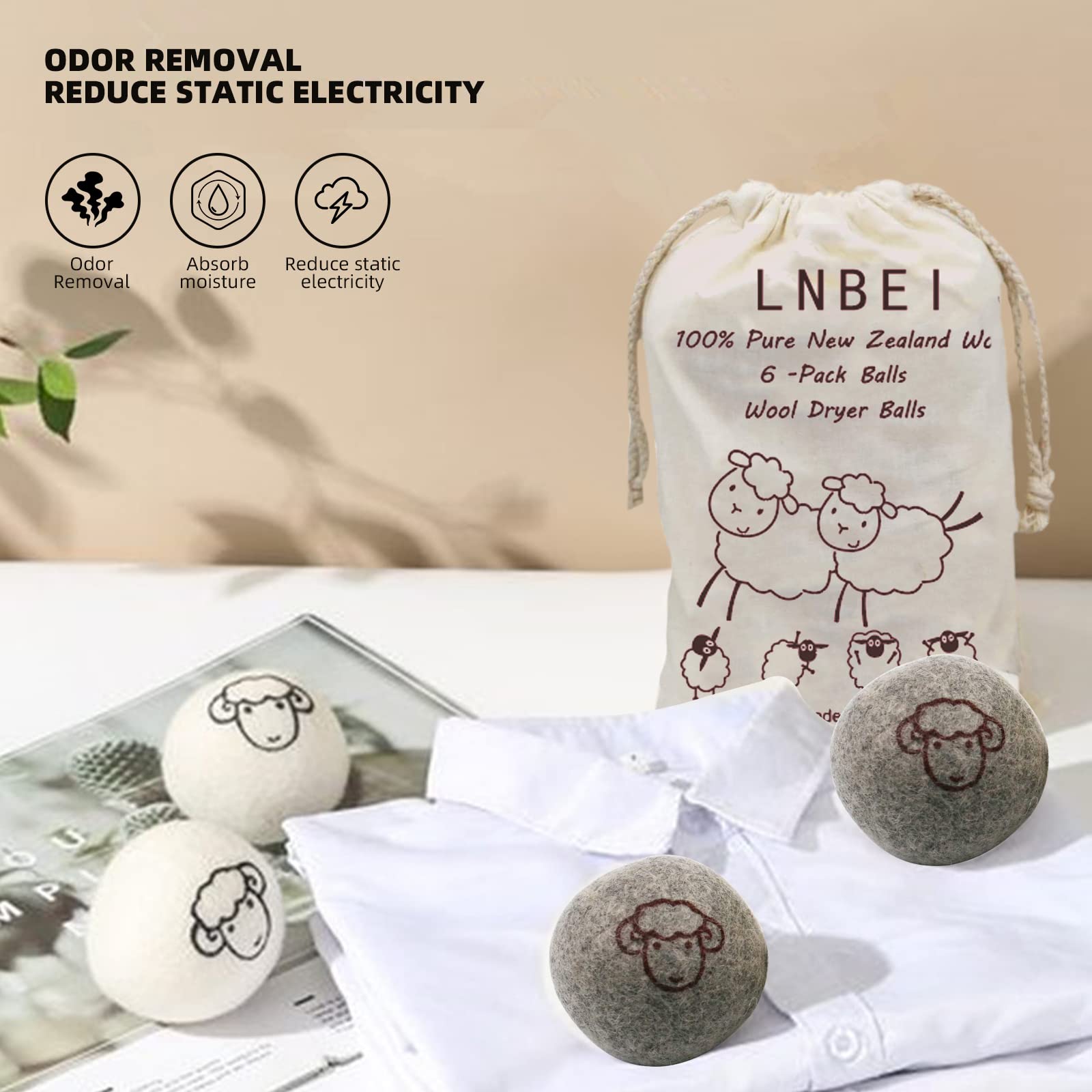 Lot de 6 boules de laine pour sèche-linge - Hypoallergéniques, réutilisables, antistatiques, adoucissant naturel, réduit le temps de séchage et les plis, boules de laine pour sèche-linge