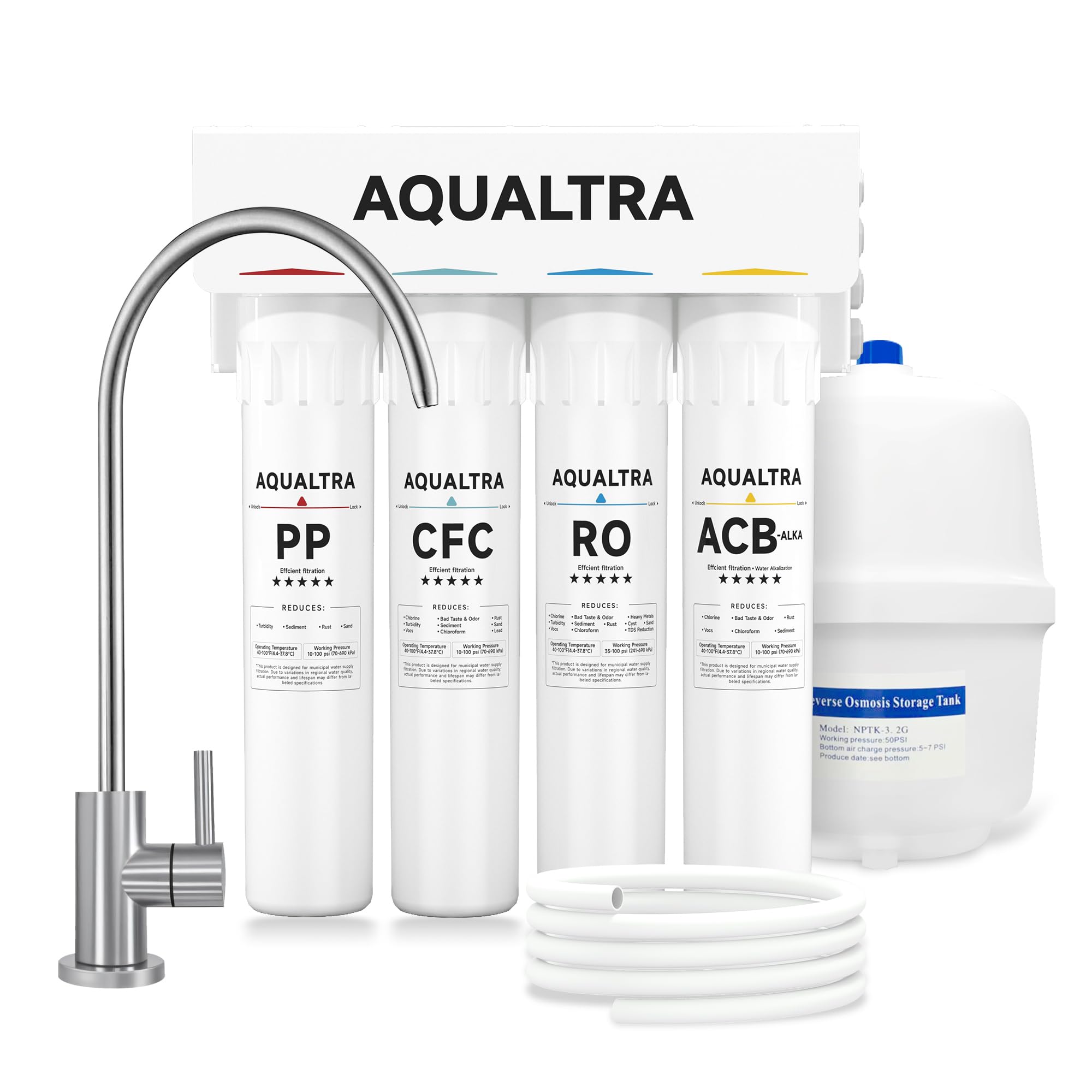 AQUALTRA USF-4RF-100 Sistema de Ósmosis Inversa domestica para Bajo Fregadero, 100GPD - Con Grifo, Relación Agua Purificada/Residual 3:1, Diseño Depósito, Instalación Express