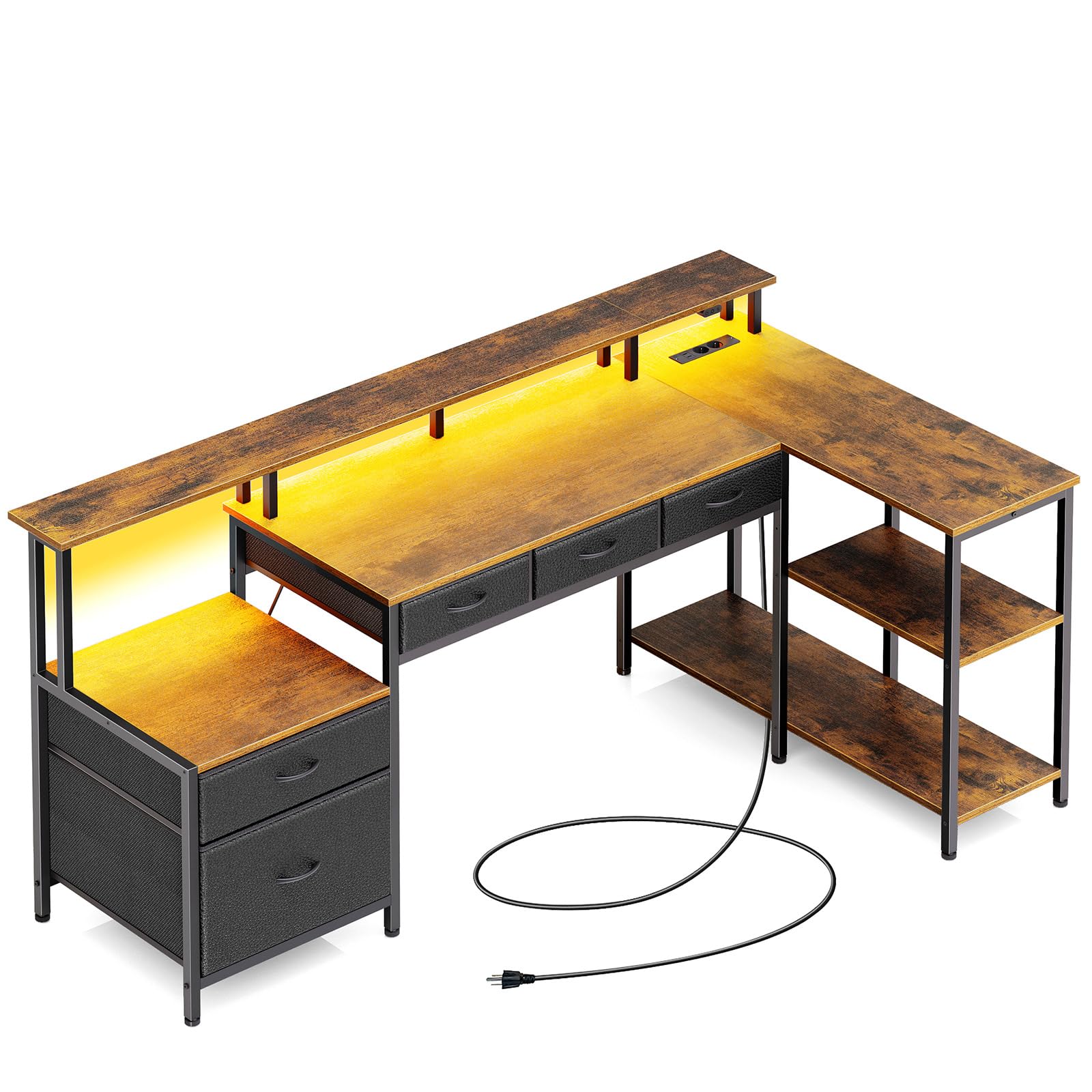 Bureau Rolanstar Gaming Réversible avec LED et Support Écran, pour Chambre et Coin Travail, 163 cm