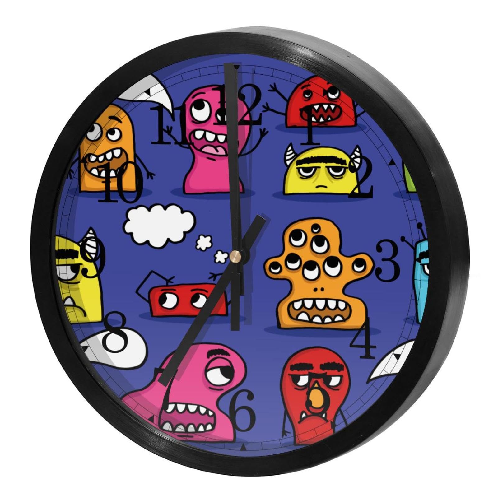 Horloge murale silencieuse à quartz ronde design monstre mignon pour chambre et cuisine