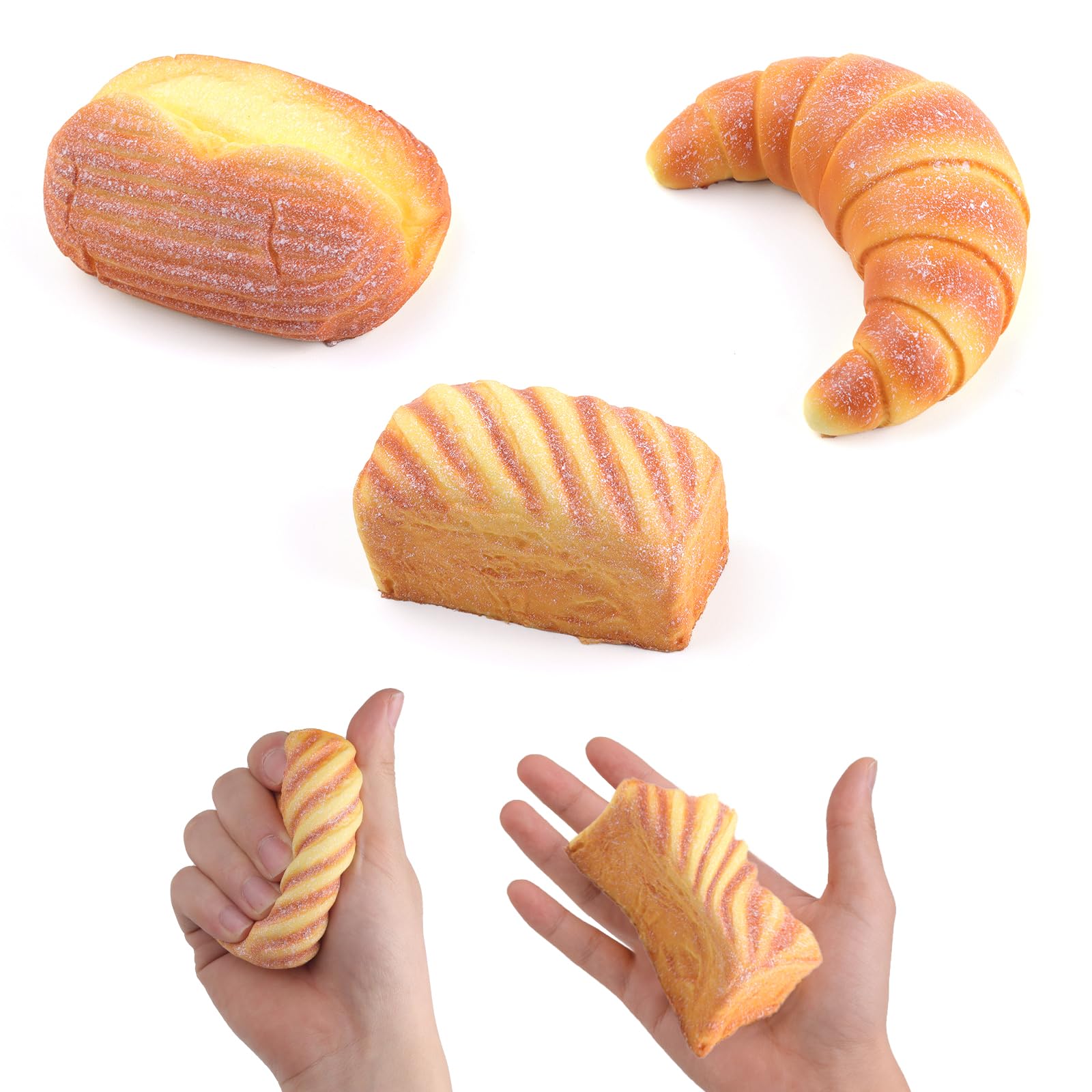 Anboor 3 Pcs Bread Squishies Slow Rising Squishy Toy for Kids Soft Croissant Butter Bread Toast Scented Realistic Food Squish Toy(Style 2)