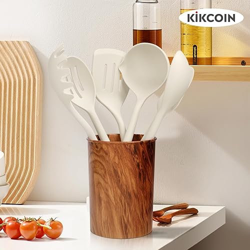 Miniatura 6 de Kikcoin Juego de utensilios de cocina grandes  Juego de 7 utensilios de cocina de silicona resistente al calor 446 F, mango de madera con soporte de