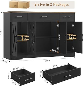 HOCSOK 140cm Large Sideboard, Kitchen Sideboard with 3 Drawers & 4 Doors | Adjustable Shelves, Sideboard Storage Cabinet for Living Room, Dining Room, Kitchen, Wooden, Black, 81H x 140W x 38.6D cm
