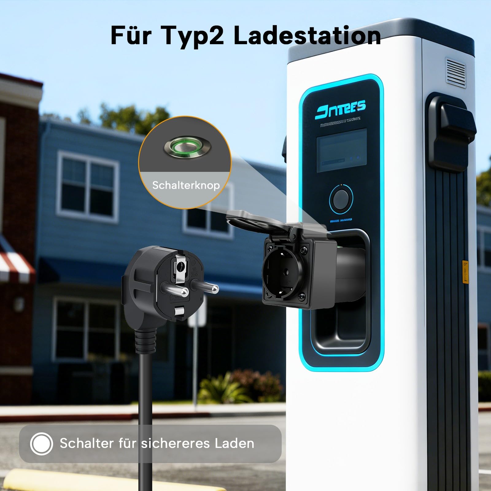 Typ2 auf Schuko Adapter,16A,Ladegerät oder Typ2 Ladestation Adapter | Typ2 auf Schuko Stecker mit Druckschalter für Elektrische Motorräder, E-Scooter und E-Bikes, 3,5 kW, NOT V2L