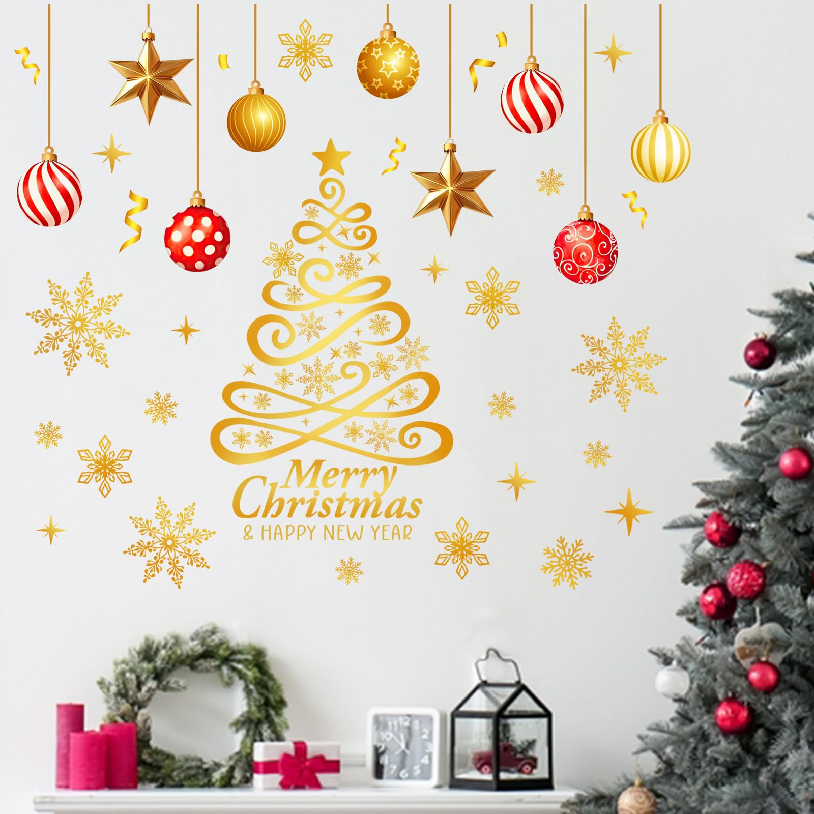 Mfault Merry Christmas Tree Golden Wall Decals Stickers, Happy New Year Gold Xmas Ornament Balls Decorations Bedroom Art, Winter Holiday Snowflakes Stars Home Kitchen Decor