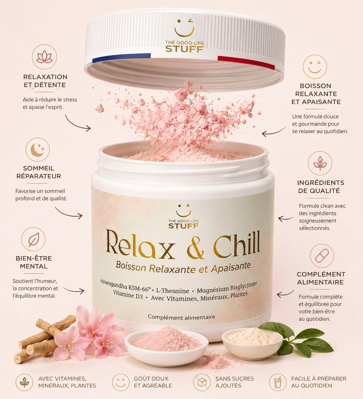 Relax & Chill Boisson Relaxation Anti-Stress/Ashwagandha KSM-66, L theanine, Magnesium Bisglycinate & Vitamine D/Baisse Cortisol & Stress, Améliore Détente et Qualité du Sommeil/Sans Cafeine ni Sucre