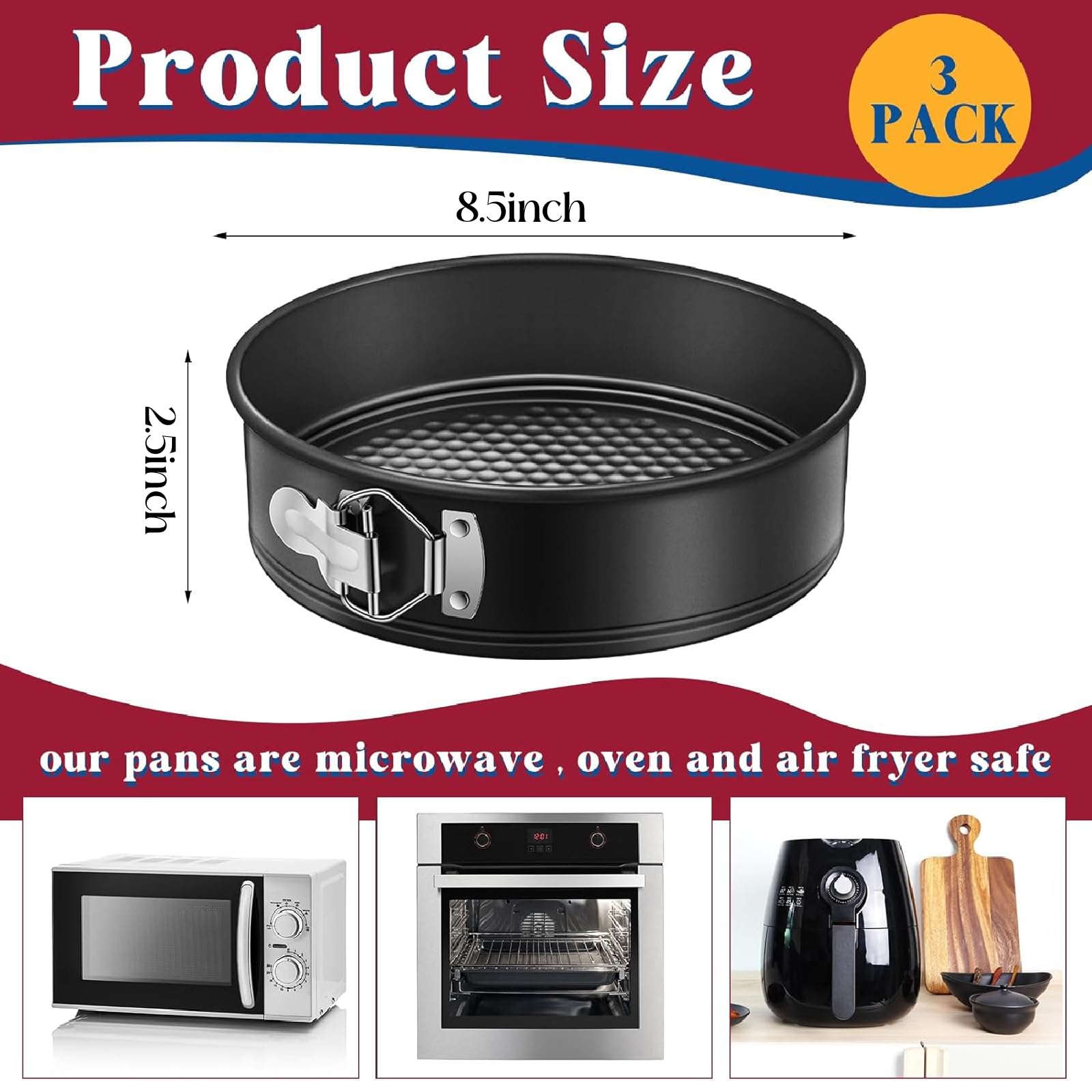 Pickmesh 3 moldes antiadherentes para tarta de queso de 9 pulgadas con parte inferior extraíble con 150 piezas de papel de pergamino para pastel de queso y pizza, color negro