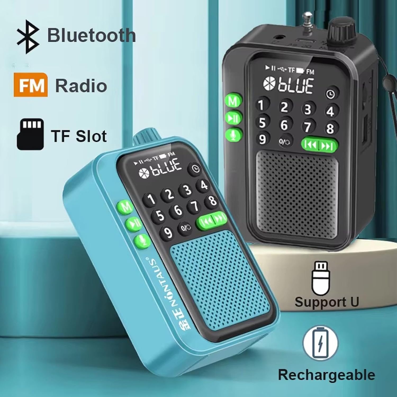 JINSERTA radio showing Bluetooth, FM Radio, and TF Slot icons