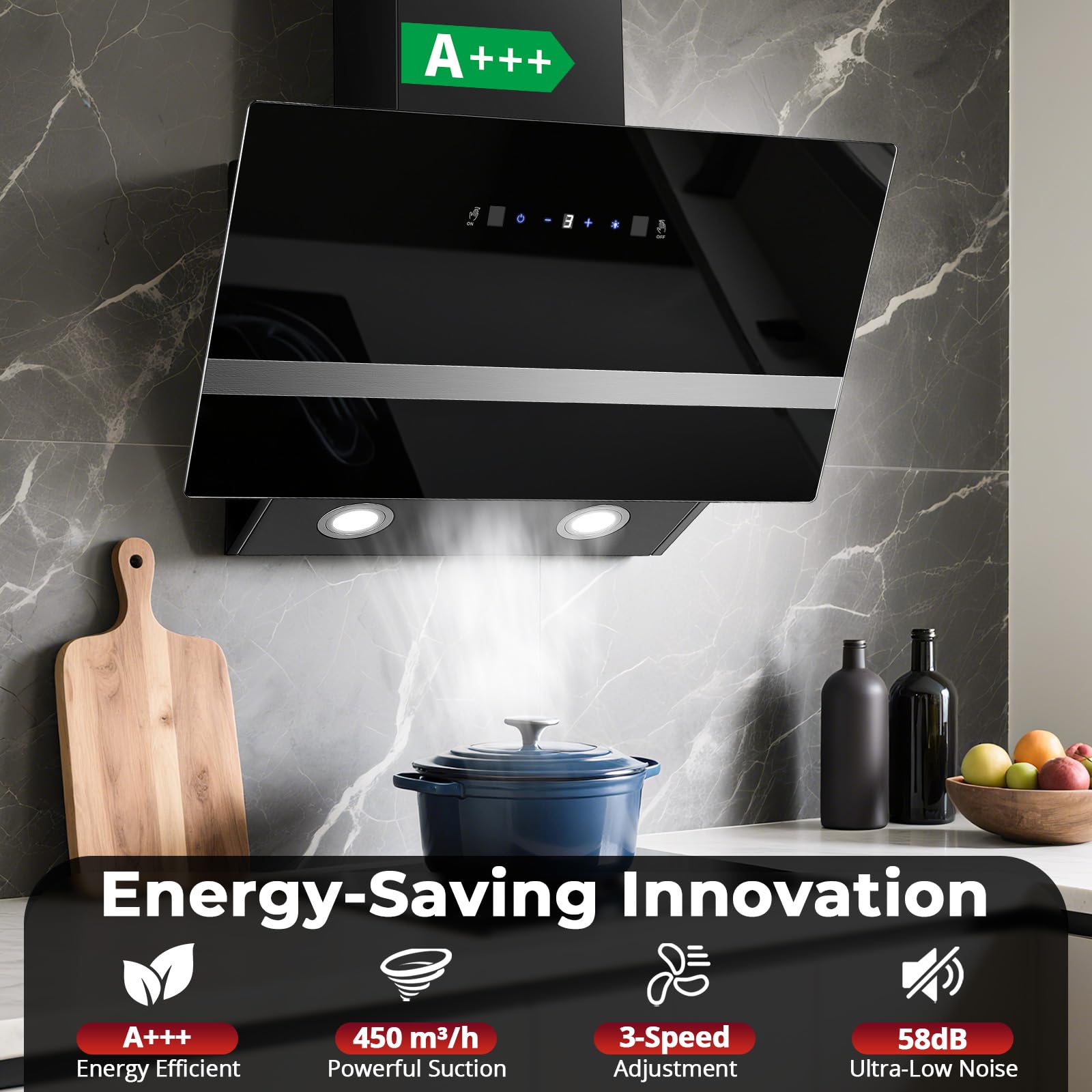 SNDOAS Okap 60 cm, okap kuchenny skośny 450 m³/h, klasa energetyczna A+++, 3 prędkości + tryb Boost z kontrolą dotykową, recyrkulacją i wyładowaniem, 58 dB, LED, czarne szkło