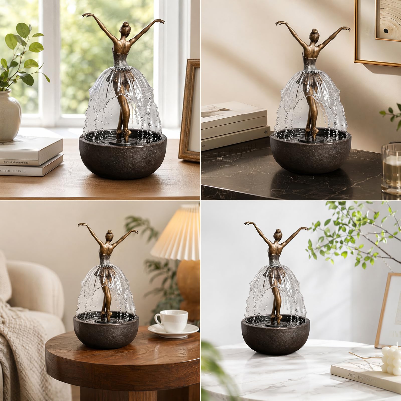 Elegante Ballerina-Brunnen, 22 cm kunstvoller Wasserspieltisch aus Resin, Künstlerische Skulptur eines Ballet-Tänzers für Wohnraumdekoration, Wohnzimmer, Meditationsraum und Bürogestaltung