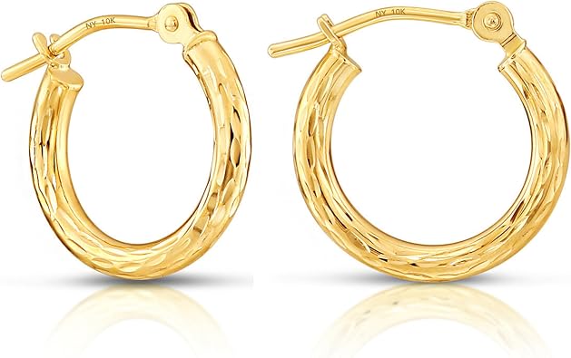 10K Yellow Gold Hand Engraved Full Diamond-cut Round Hoop Earrings, Secure Latch Back Closure