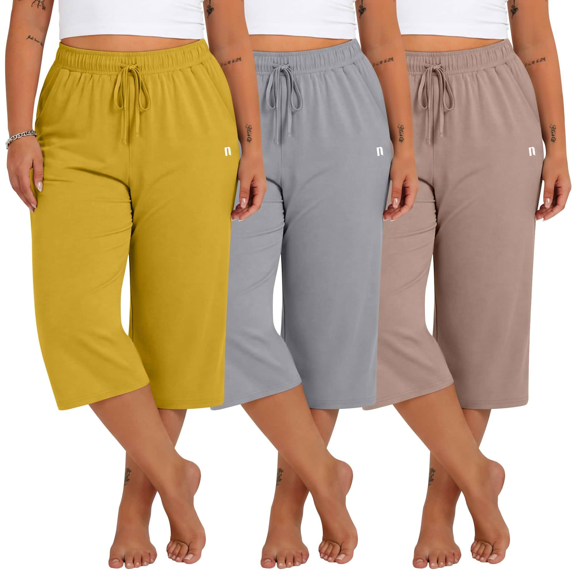 Neer 3 Pack Women's Plus Size Capris with Pockets Wide Leg Capri Sweatpants, Loose Casual Drawstring Cropped Pants, Elastic Waist Capri Pants, Ladies' Summer Fashion Bottoms