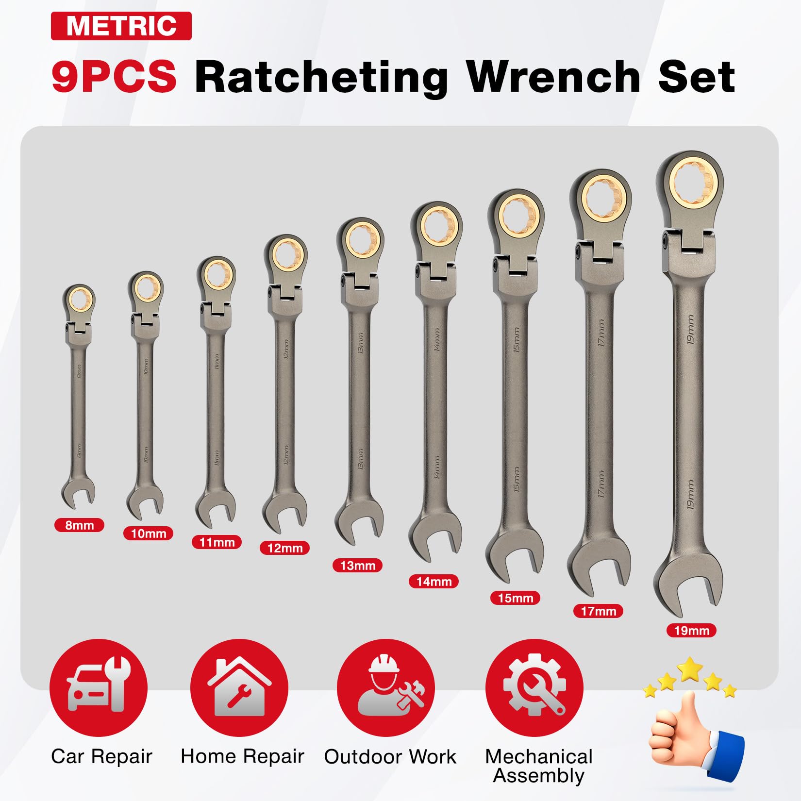 Shall Conjunto de llave de Ratcheting de cabeza flexible de 9 piezas, 72 dientes métricos 8-19mm, Cr-V construido, Chapado Níquel con bolsa de organización