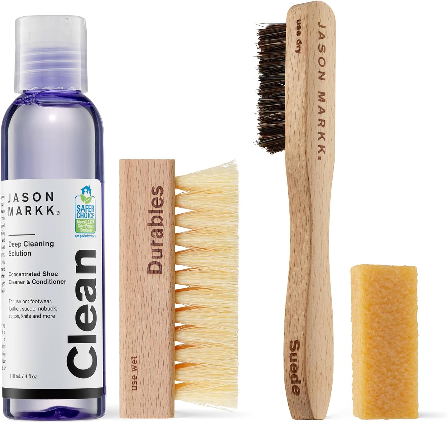 Jason Markk Suede Essentials Bundle, 4-Piece Shoe & Sneaker Care Set, 4oz Deep Cleaning Solution, Two Brushes, & Suede Stain Eraser, Safe for Leather, Nubuck, Cotton, Knits, and More