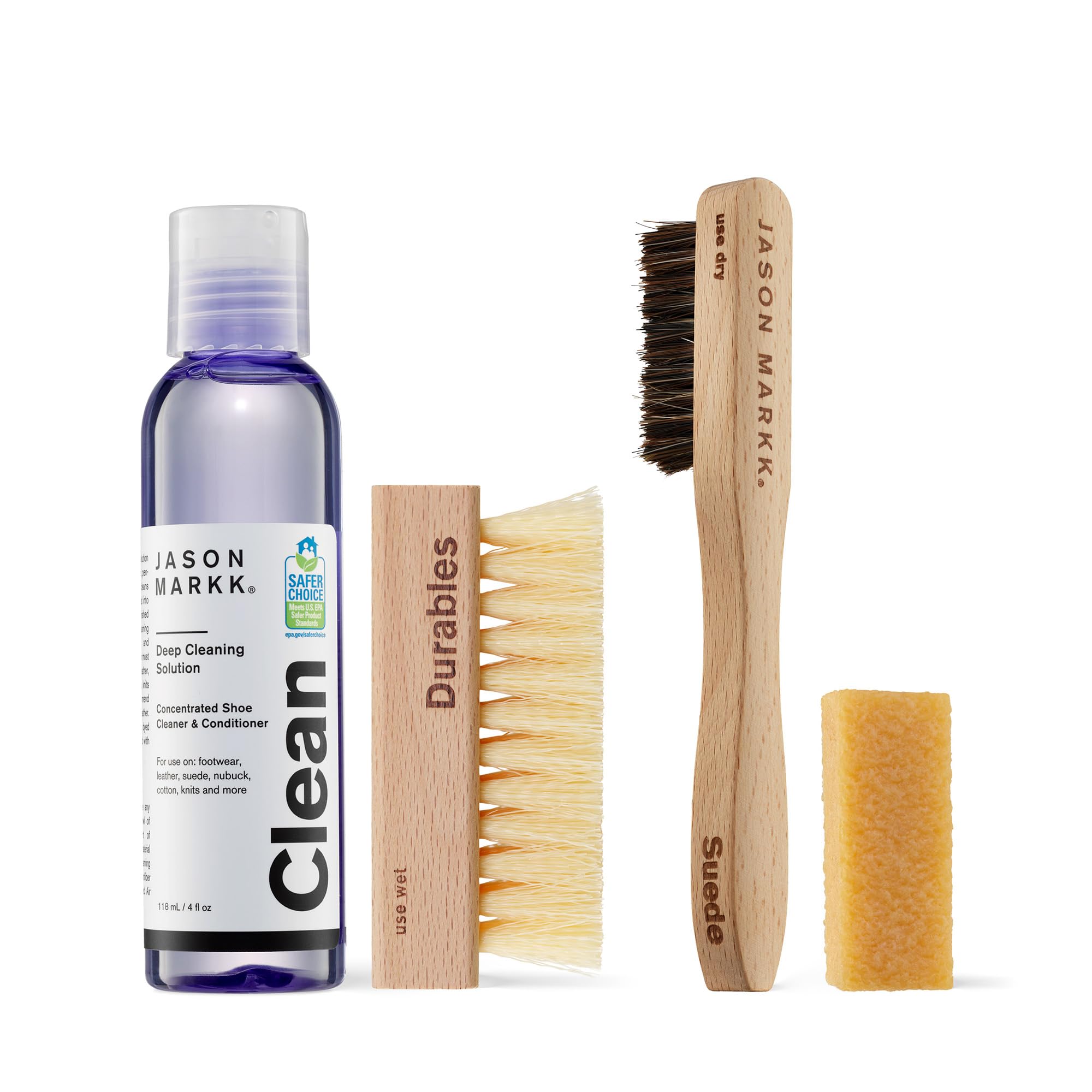 Jason Markk Essential & Suede Kit, Shoe Cleaner, 4-Piece Set, Deep Cleaning Solution, Two Brush, & Stain Eraser, Sneaker Care, Ideal for Footwear, Safe for Leather, Suede, Nubuck, Cotton, Knits, 4oz