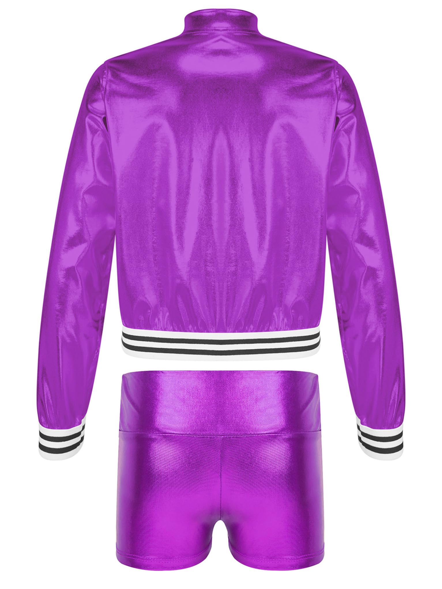 TTAO Kids Boys Girls Jazz Hip Hop Dance Costumes Shiny Metallic Bomber Jacket Outwear and Dance Shorts Tracksuit Set Purple 8 Years