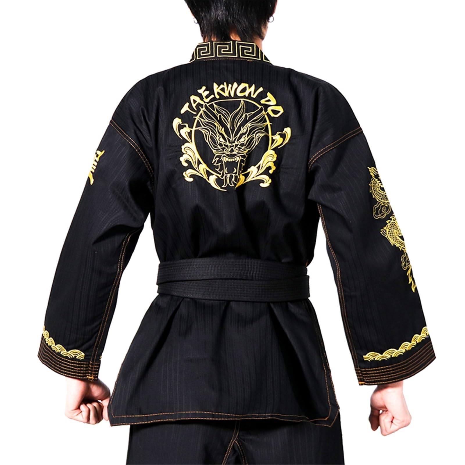 Conjunto de Uniforme de Taekwondo Negro, Traje Ligero de Taekwondo con cinturón for niños y Adultos, Unisex, con Bordado de dragón.