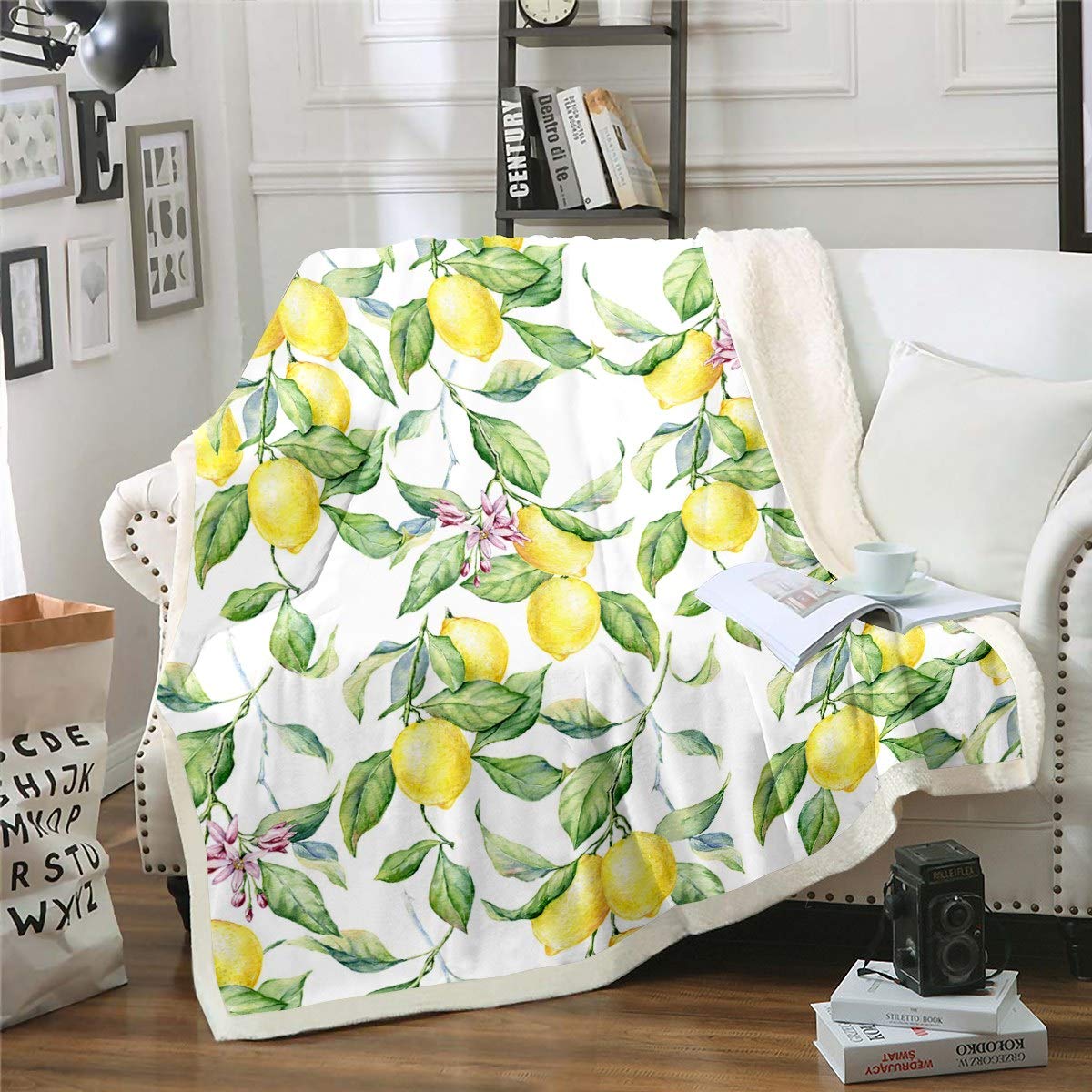Loussiesd Lemon Sherpa Throw Blanket - Tropical Fruit Print Fleece for Kids, Women, Adults - Botanical Plush With Leaves and Branches - Fuzzy for Sofa, Bed, Couch - Double 60x79 Inch
