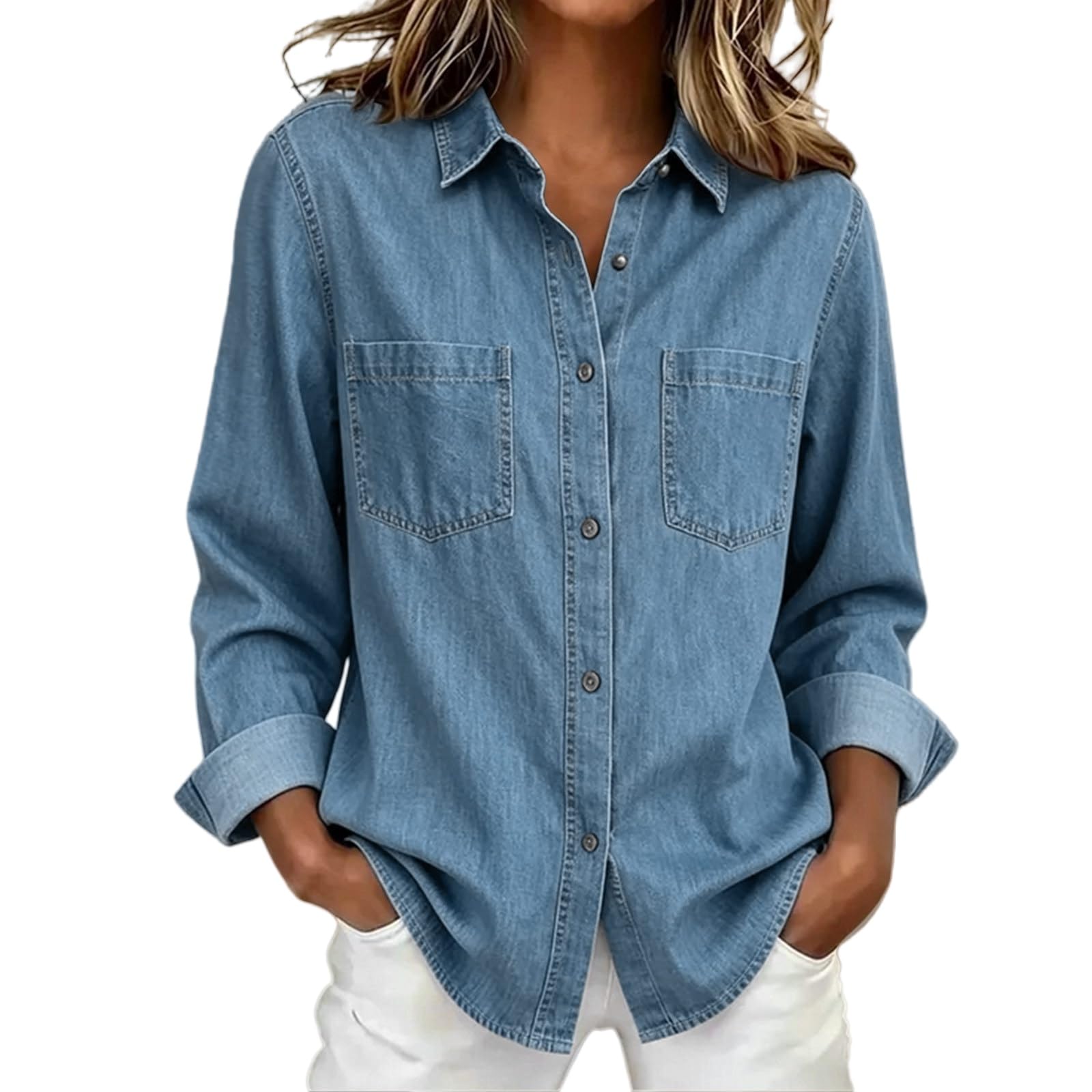 Chemise Jean Femme Manches Longues Coupe Ample Boutonnée avec Poches