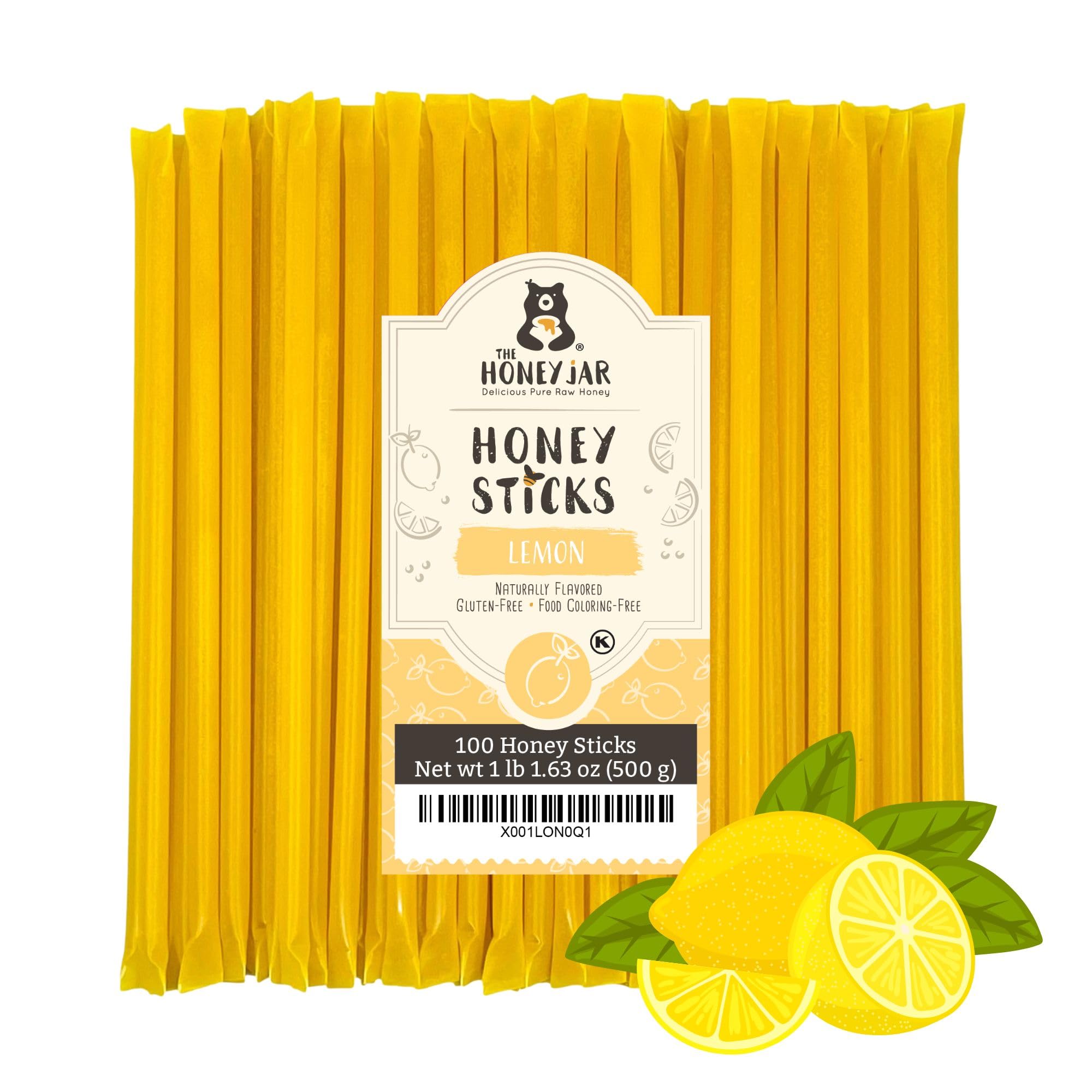 The Honey Jar Lemon Flavored Raw Honey Sticks - Pure Honey Straws For Tea, Coffee, or a Healthy Treat - One Teaspoon of Flavored Honey Per Stick - Made In The USA with Real Honey - (100 Count)