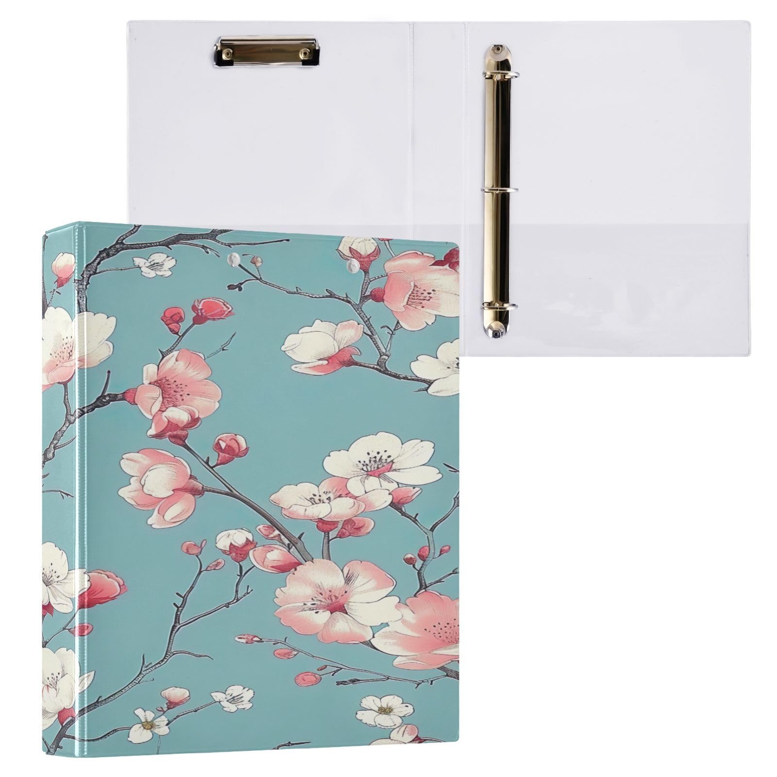 Raccoglitore a 3 anelli, 3,8 cm, motivo fiori di ciliegio, decorativo, con clip in metallo, formato lettera, per casa e ufficio, confezione da 2
