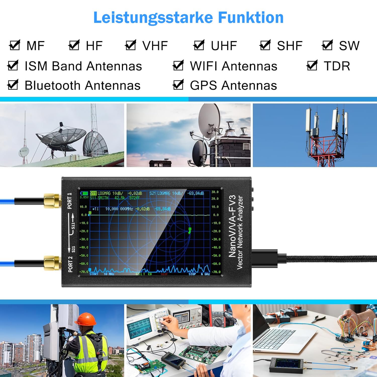 AURSINC Aggiornato Nanovna-F v3 Analizzatore di rete vettoriale 4.3 1MHz - 6GHz Analizzatore di antenna Radio prosciutto Misurare i parametri S Rapporto d'onda stazionaria di tensione SWR
