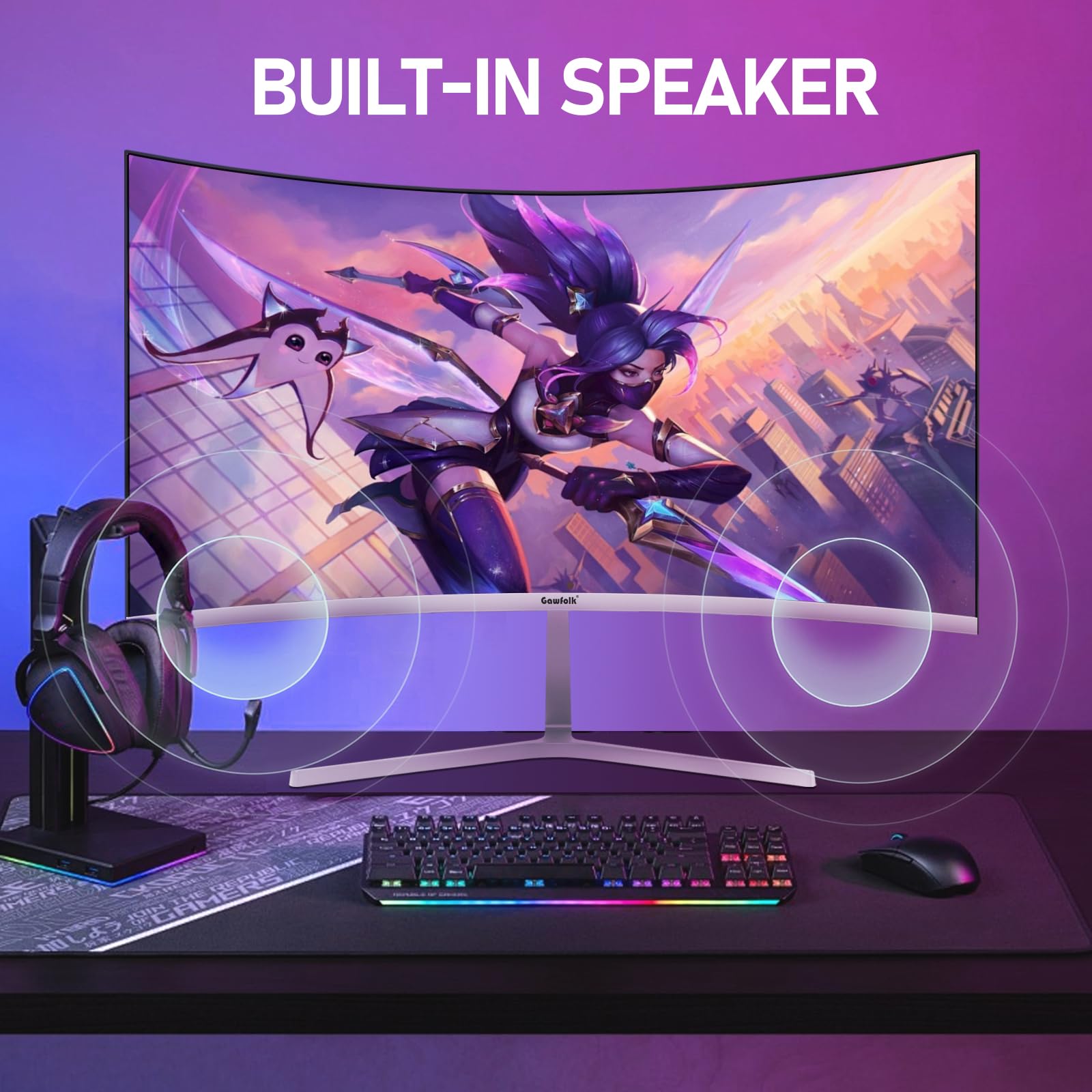 Gawfolk 27 Inch PC computer screen,1800R Curved Gaming 200Hz Monitors, FHD1080p,1ms,Built-in speaker, freesync, 98%sRGB,178 ° Angle View,HDMI DisplayPort, Compatible with Wall-Mounted 100*100MM-White — view 6