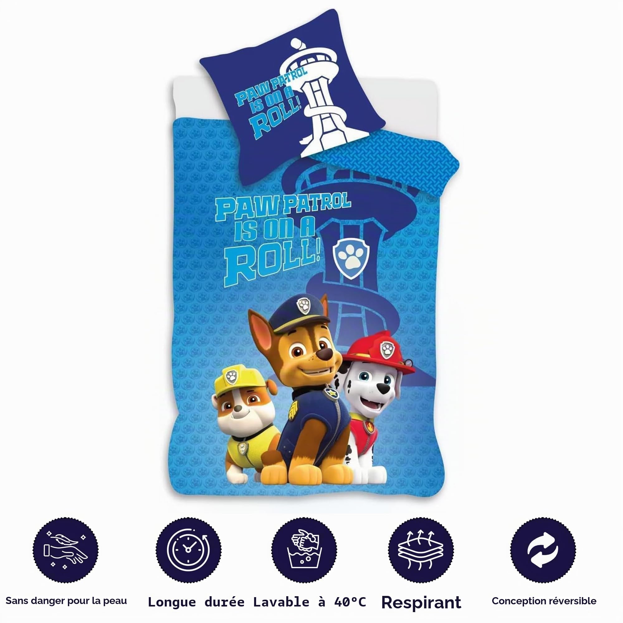 Paw Patrol - Parure de lit pour lit de bébé, housse de couette 100 x 140 cm + taie d'oreiller 40 x 45 cm, 100% coton, douce et respirante, pour lit de nouveau-né ou d'enfant, motif : Paw Patrol