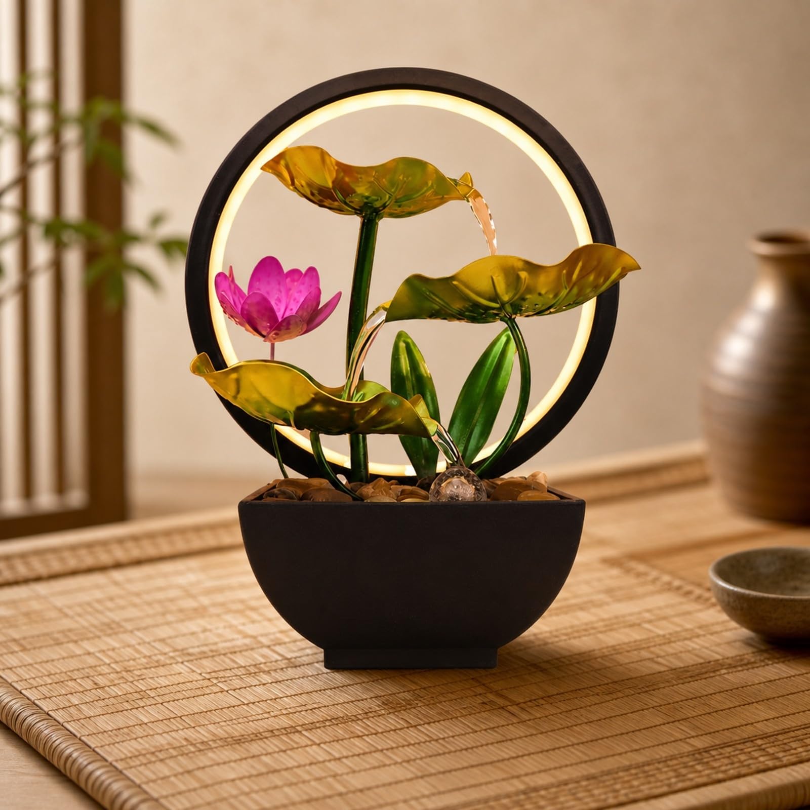 Fuente Mesa Metal con Piedras corativas Compacta Fuente corativa con Elementos Botánicos y Anillo Iluminado Morno parecibidor, Estilo F