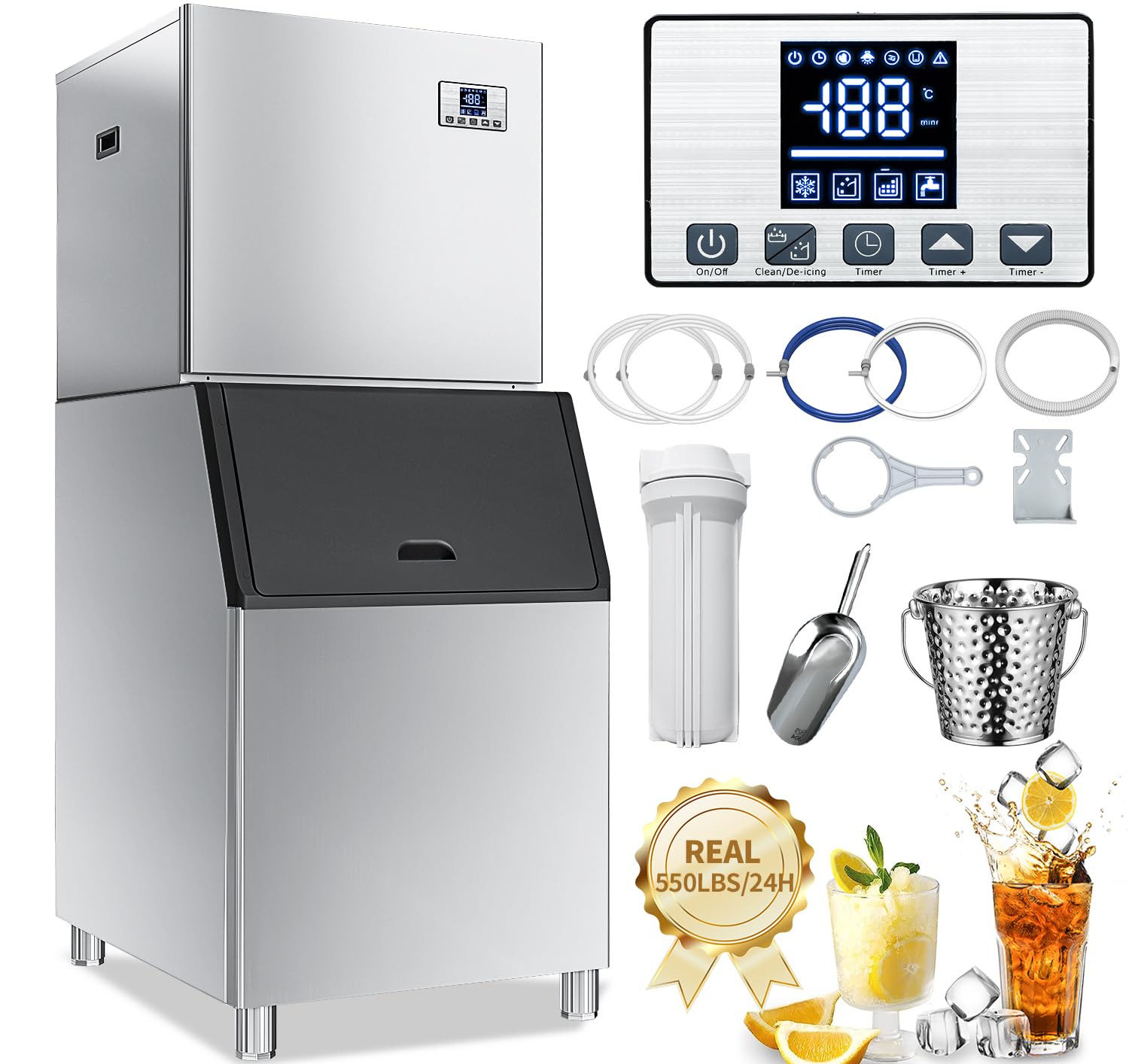 YITAHOME Commercial Ice Maker Machine 550LBS/24H with 300LBS Storage Bin, Upgraded Compressor, Self-Cleaning Stainless Steel Industrial Ice Machine with Ice Scoop, Ice Bucket and Connection Hose