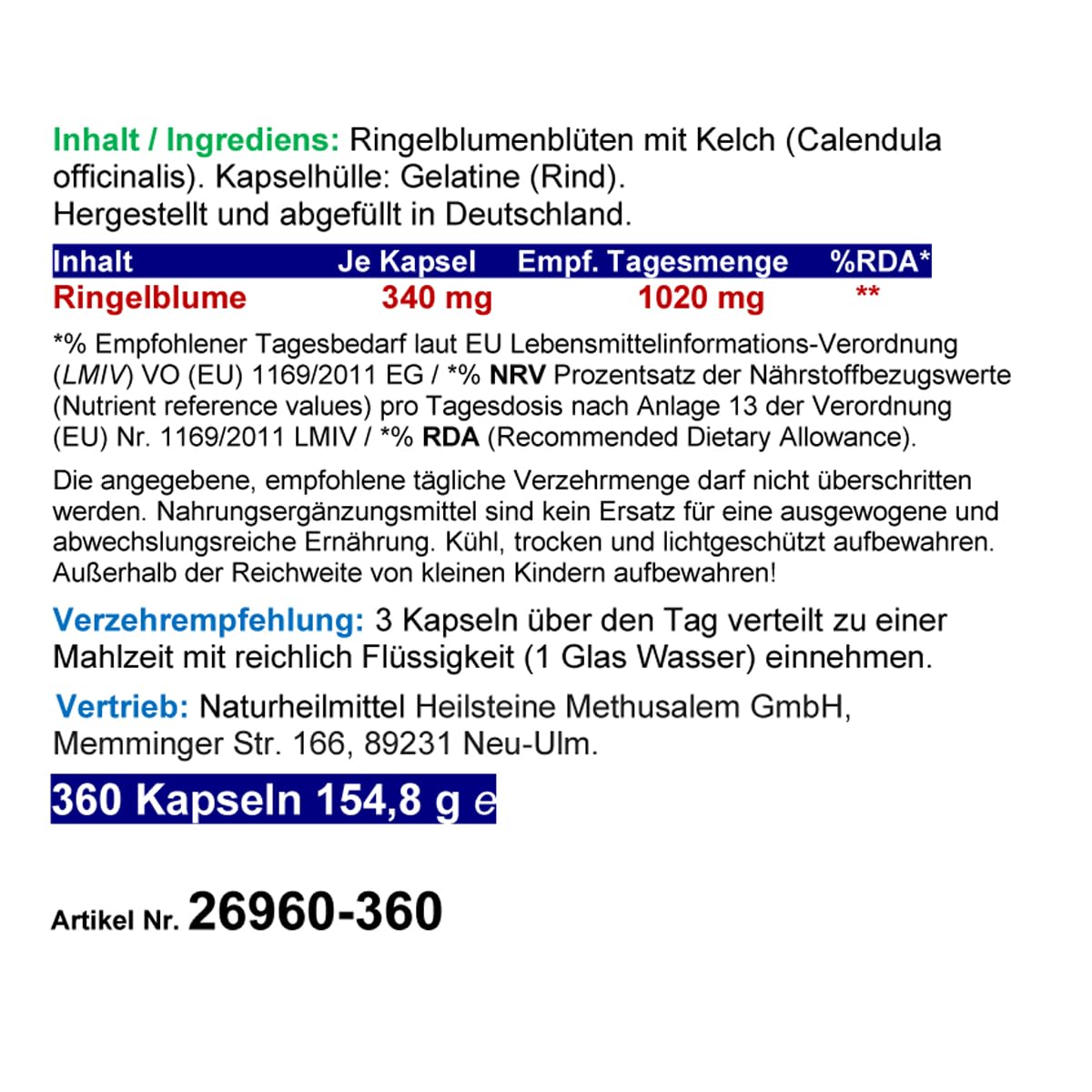 Sehkraft Kapseln Augenkapseln 1080 (3x360) Kapseln RINGELBLUME AUGENKRAUT pur - Lutein & Zeaxanthin VITAL COMPLEX + Netzhaut Maculapigmente - Natur pur - OHNE ZUSATZSTOFFE 26960-7
