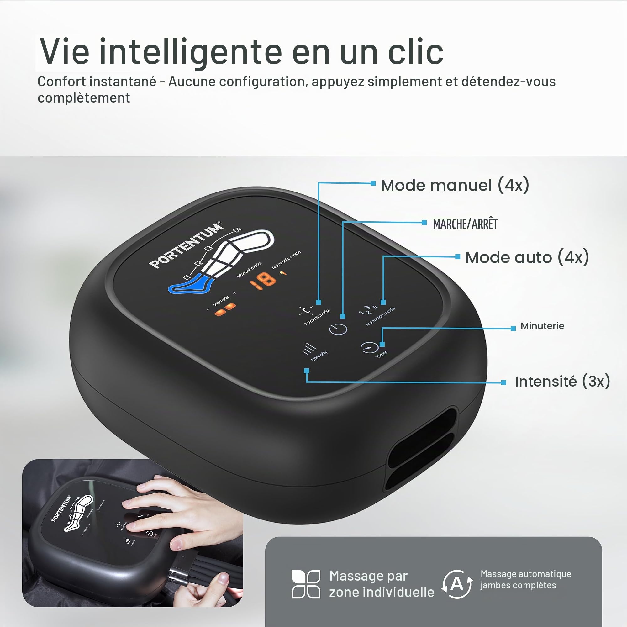 PORTENTUM Bottes pressothérapie jambes sur secteur – 8 modes et 3 intensités – Télécommande avec écran LCD – Adaptateur secteur inclus – Favorise le drainage lymphatique jambes – Sac inclus