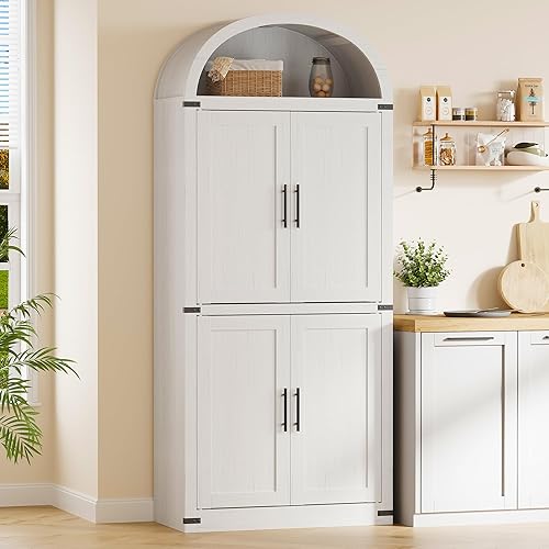 GarveeHome Arched Cabinet 71.6 in Tall Kitchen Pantry, Farmhouse Storage Cabinet, Large Storage Pantry with Doors, Arched Bookcase with Cabinets, 5 Tier Kitchen Cabinets for Dining Room