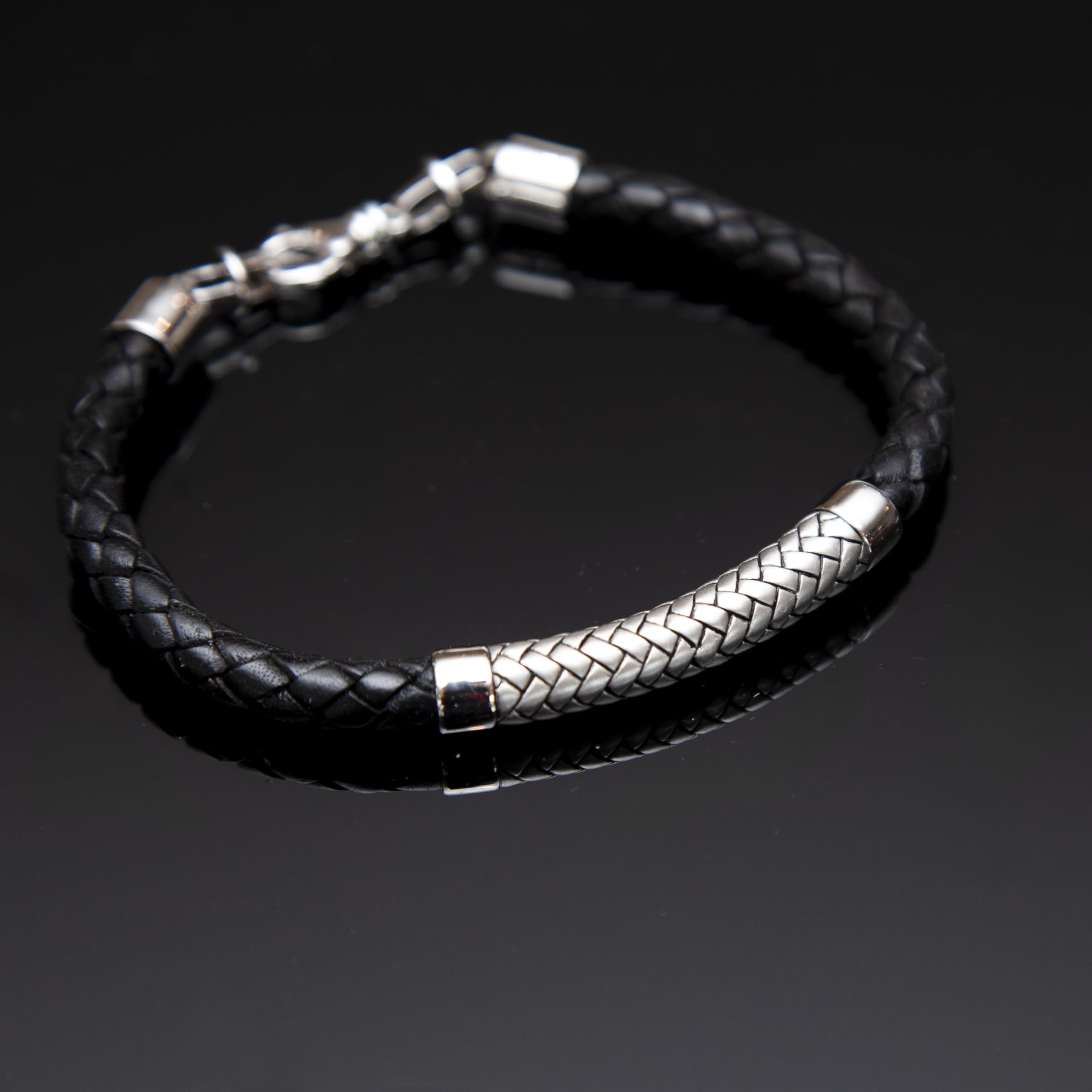 Tuscany Silver Pulsera de Plata de Ley de 7.5 mm con Cuero Negro y Satén en Espinapez para Hombre de 21.5cm/8.5"