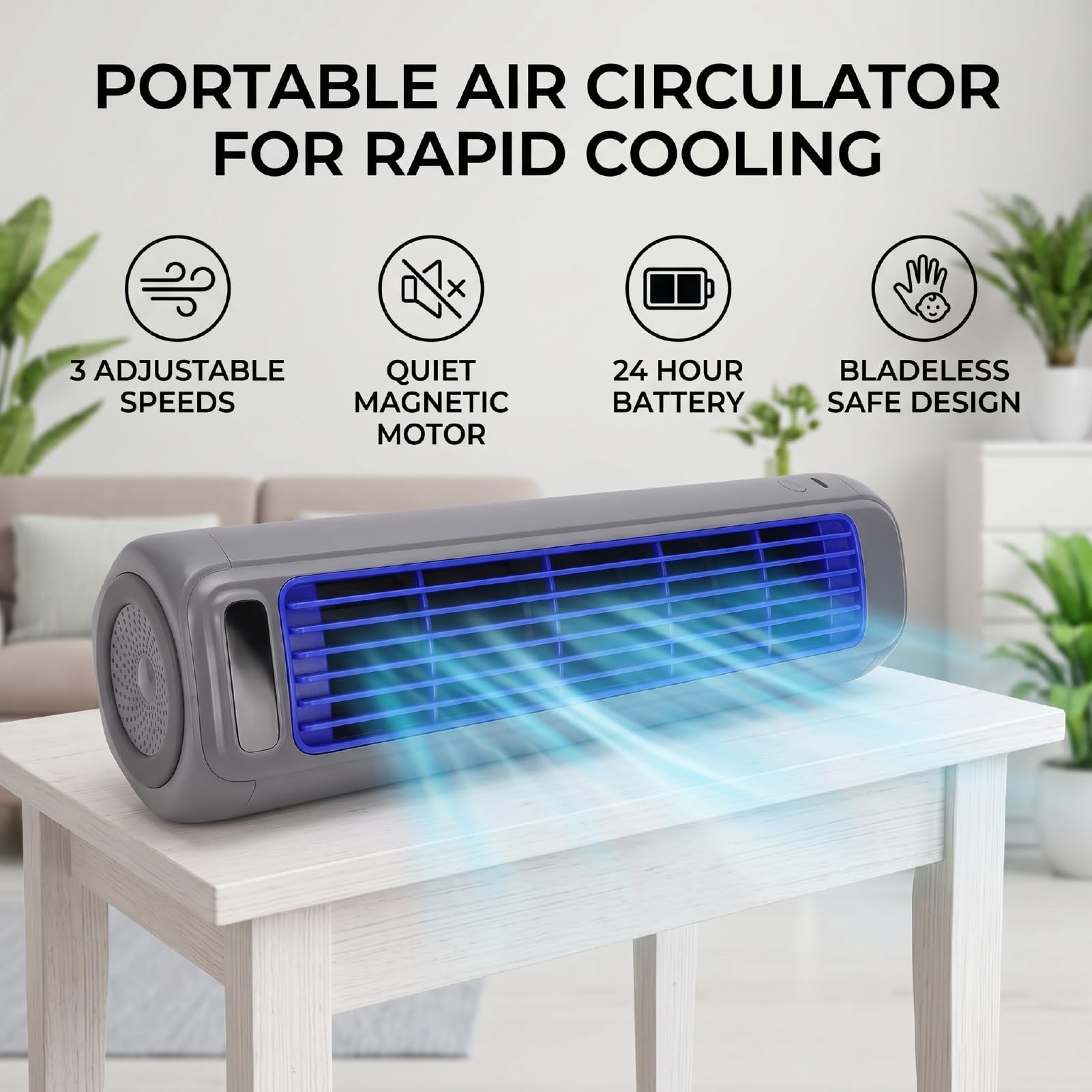 Fockety Ventilatore Circolatore D'Aria Portatile, Raffreddatore D'Aria da Tavolo Senza Lama a 3 velocità Motore Silenzioso a Levitazione Magnetica con Batteria da 2000 MAh, Ventola di