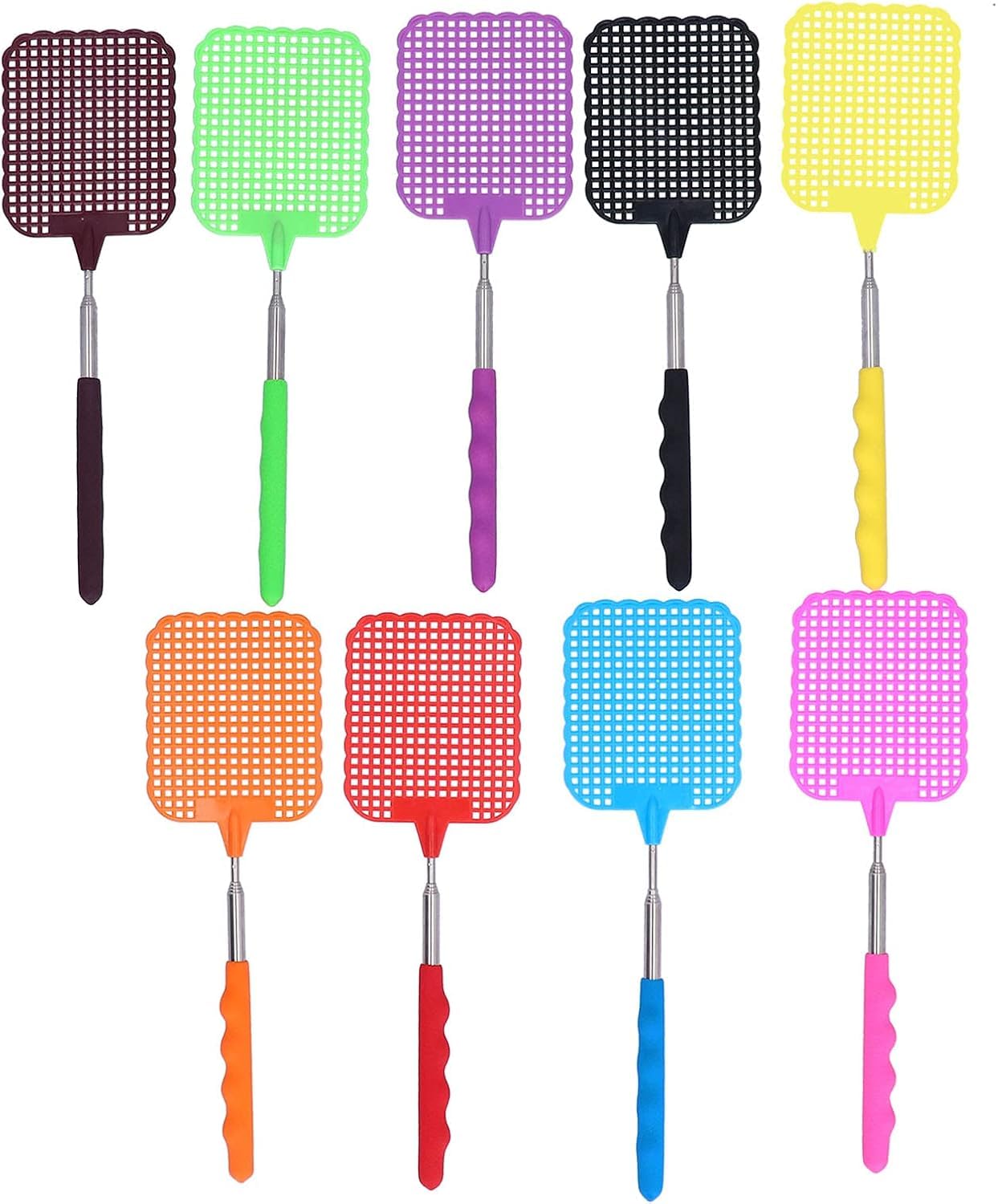 Matamoscas para interiores, paquete múltiple de 9 matamoscas retráctil con mango de PVC, matamoscas telescópico de 10 a 29 pulgadas con mini raqueta matamoscas de polipropileno de 3 x 3.7