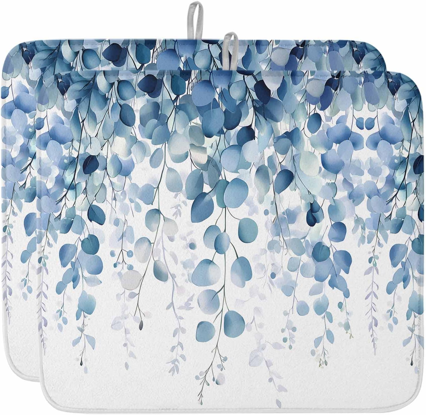 Dish Drying Mat Set of 2 Spring Blue Eucalyptus Leaves Microfiber Absorbent Reusable Washable Dish Drying Rack Mat Plant Coffee Mat for Coffee Maker Bar Kitchen Countertops 16x18inch