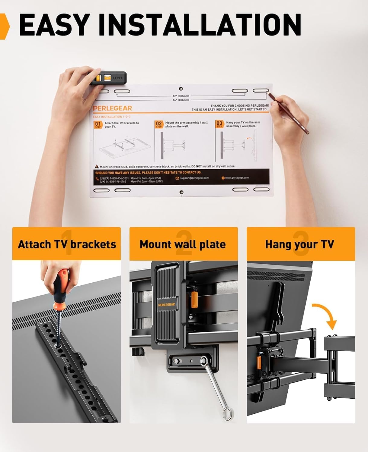 Perlegear Support Mural TV Orientable pour écrans 42-86 Pouces Jusqu'à 60 kg, Bras Television Mural Mouvement pour écrans Plats/Courbés, Inclinaison sans Outil, Max. VESA 600 x 400mm