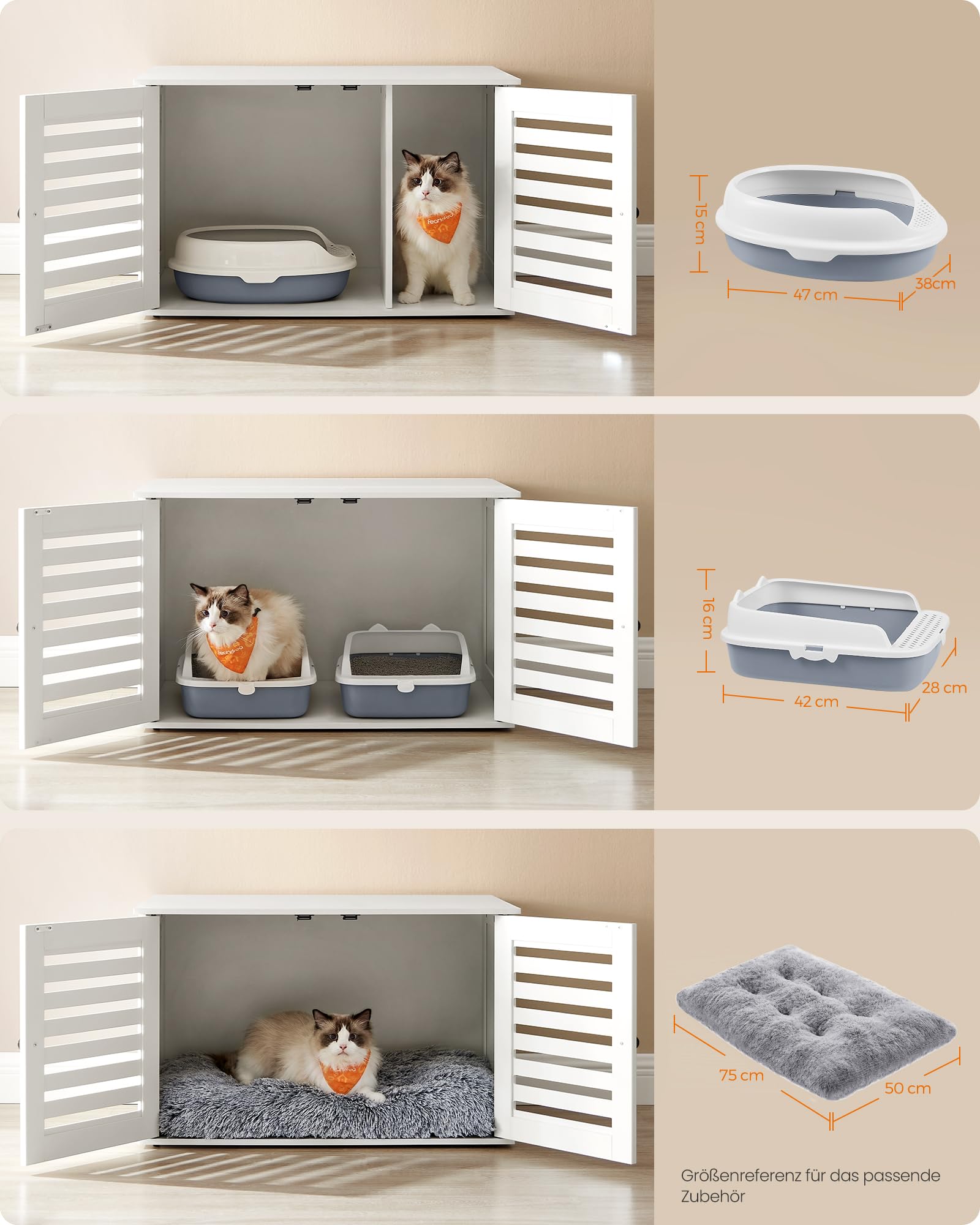 Feandrea Katzenklo-Schrank, Katzenhaus mit herausnehmbarer Trennwand, 2 Lamellentüren, Katzentoilette, Beistelltisch, 80 x 53 x 49 cm, wolkenweiß PCL003W01
